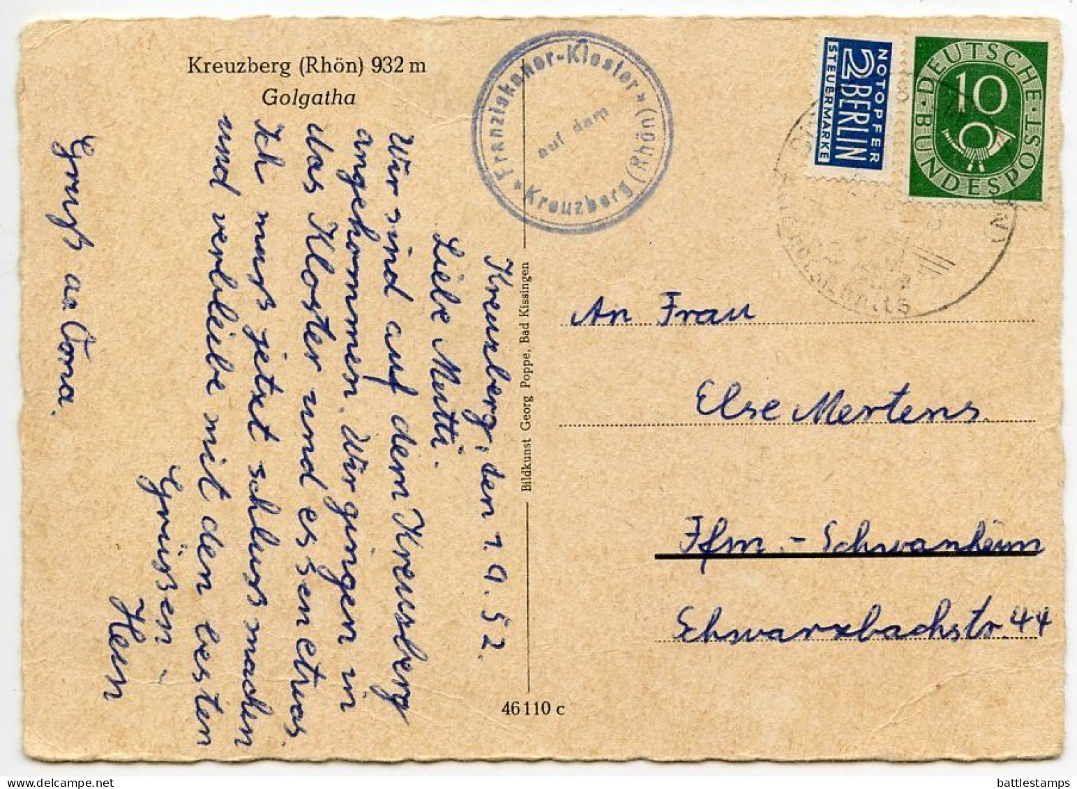 Germany, West 1952 Postcard Kreuzberg (Rhön) 932 M - Golgatha (Crucifixes); Blue Flea Tax Stamp - Kreuzberg