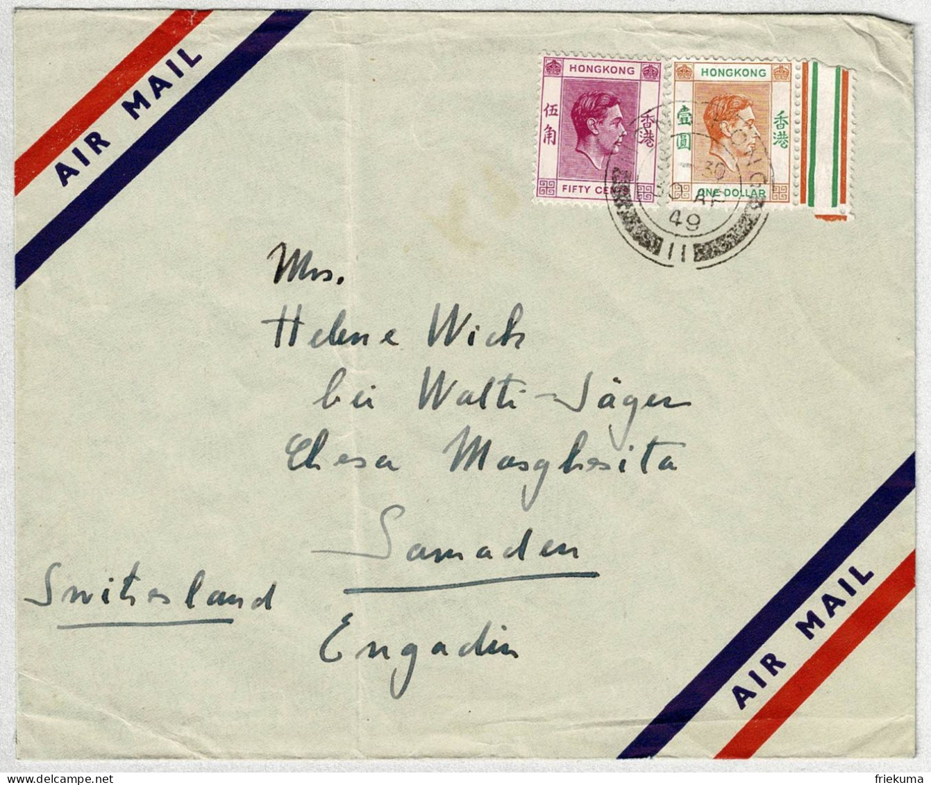 Hongkong 1949, Brief Luftpost / Air Mail Nach Samaden (Schweiz) - Briefe U. Dokumente