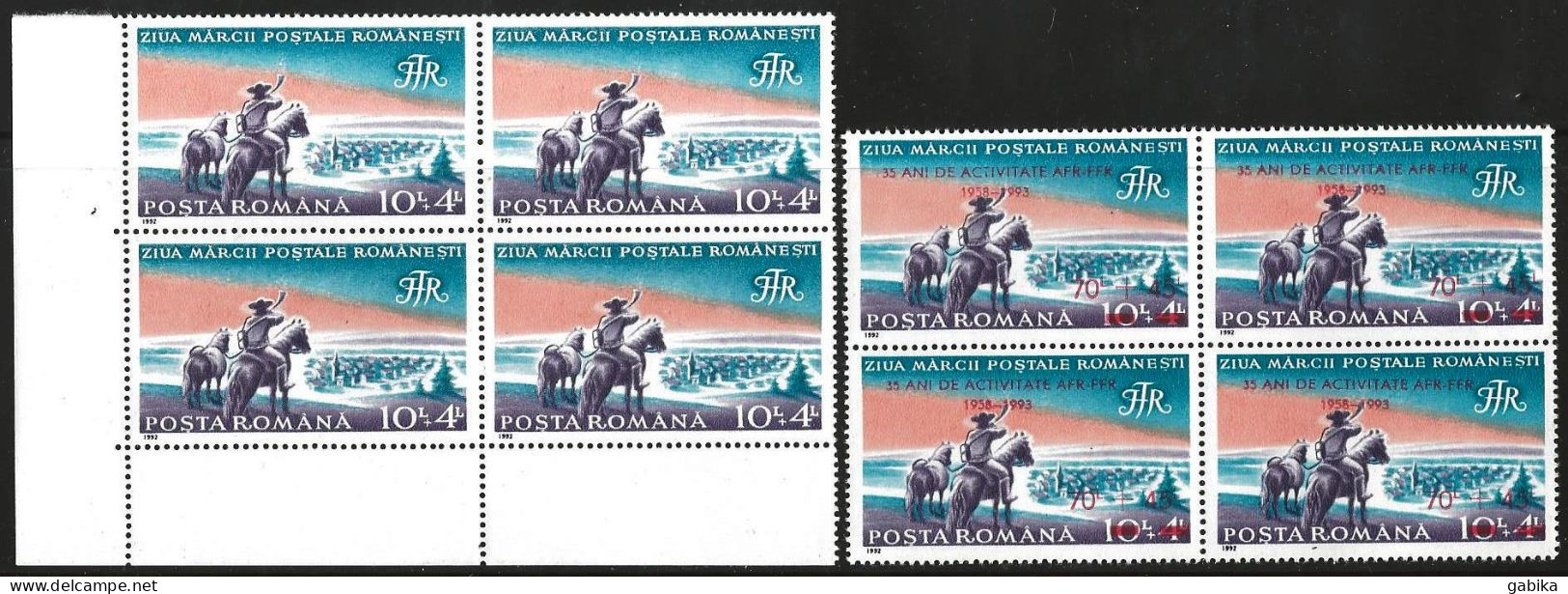 Romania 1992 1993, Scott B458 B460, MNH, Block Of Four, Without And With Overprint, Stamp Day AFR - Ungebraucht