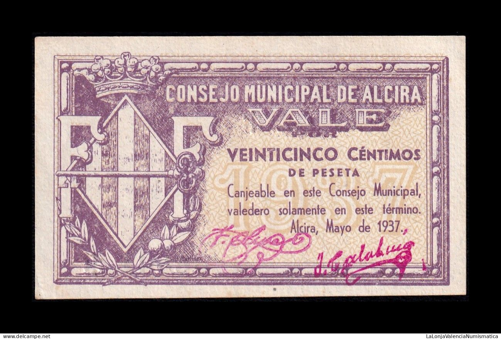 España Spain Billete Local Guerra Civil Alcira 25 Céntimos 1937 Sc- AUnc - Otros & Sin Clasificación