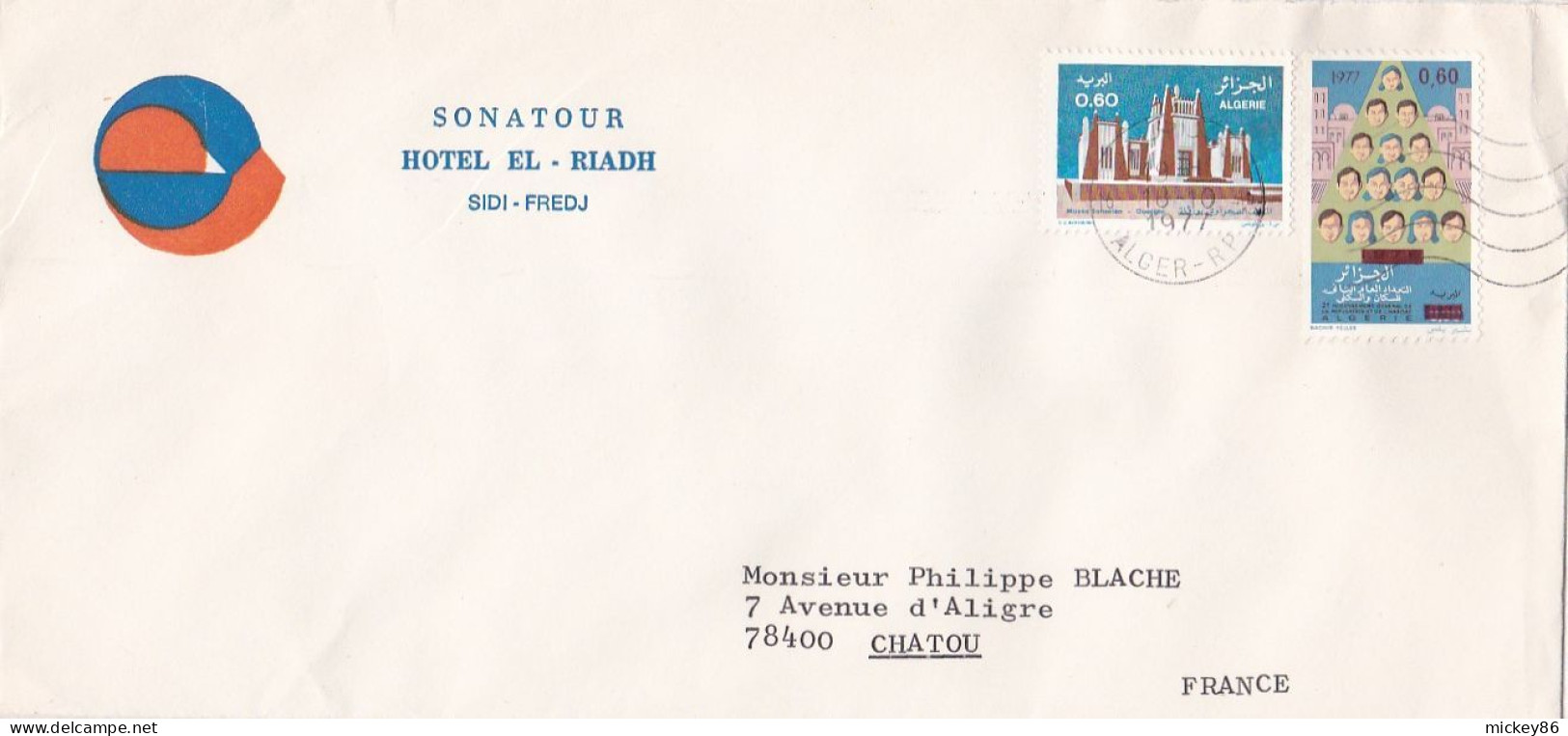 Algérie --1977 --Lettre De  ALGER  Pour Chatou (France) ...Composition De Timbres...personnalisé Sonatour Hotel El-Riadh - Algérie (1962-...)