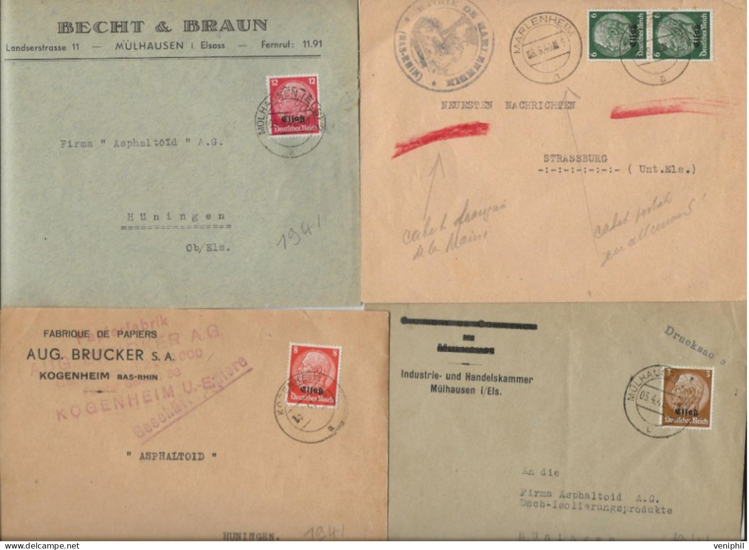 LOT DE 4 LETTRES 1940-41 -AFFRANCHISSEMENTS TIMBRES ALLEMAND  SURCHARGES ELSAS - Lettres & Documents