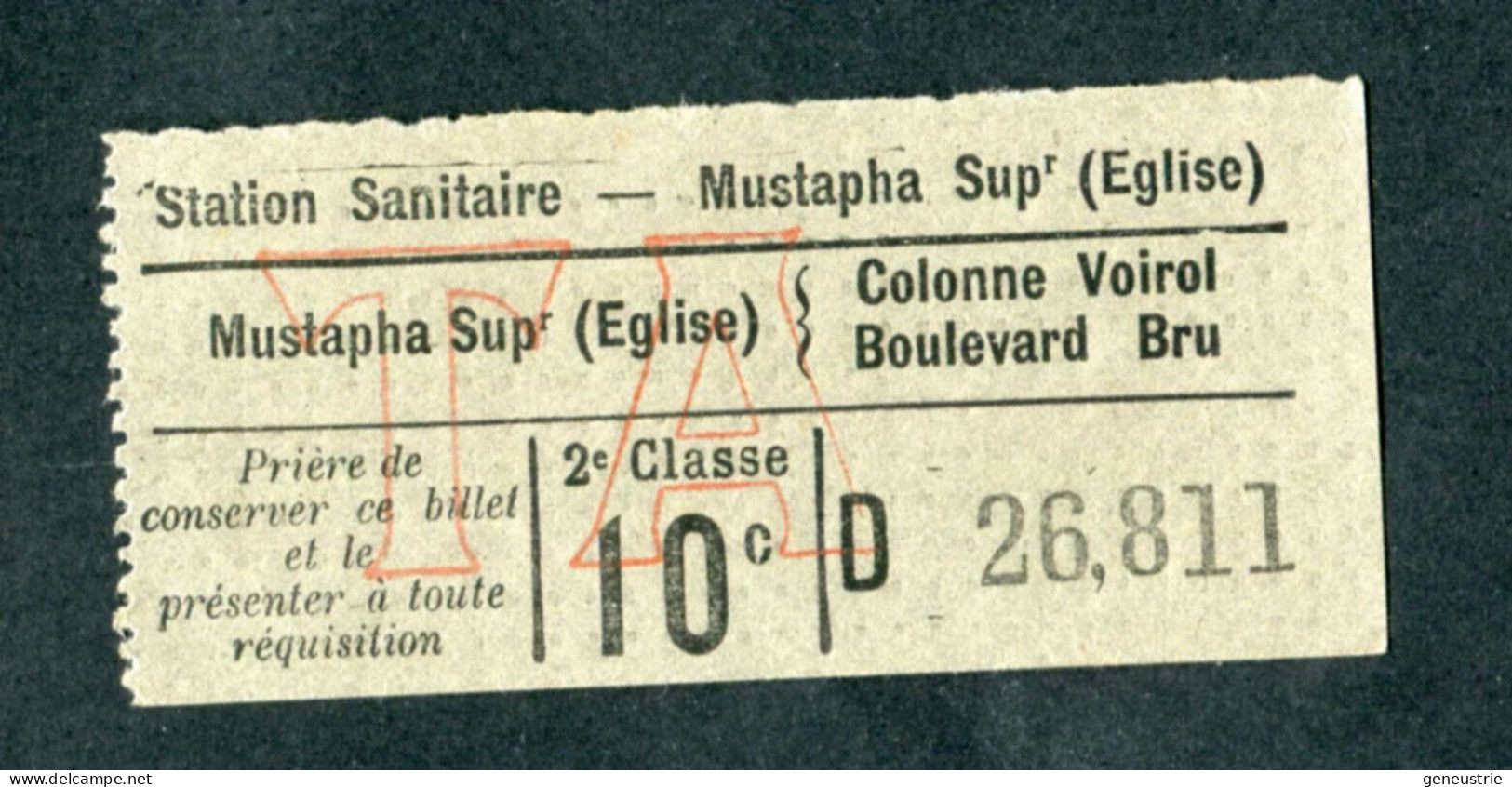 Ticket Tramway Alger Début XXe "Sté Des Tramways Algériens" Billet Tram Algérie - Wereld