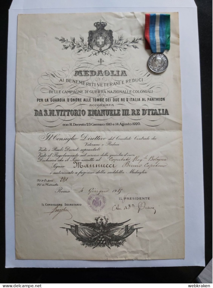 DIPLOMA + MEDAGLIA ARGENTO GUARDIA D'ONORE VETERANI REDUCI ROMA 1925 PANTHEON RE VITTORIO EMANUELE RARO INSIEME - Italy