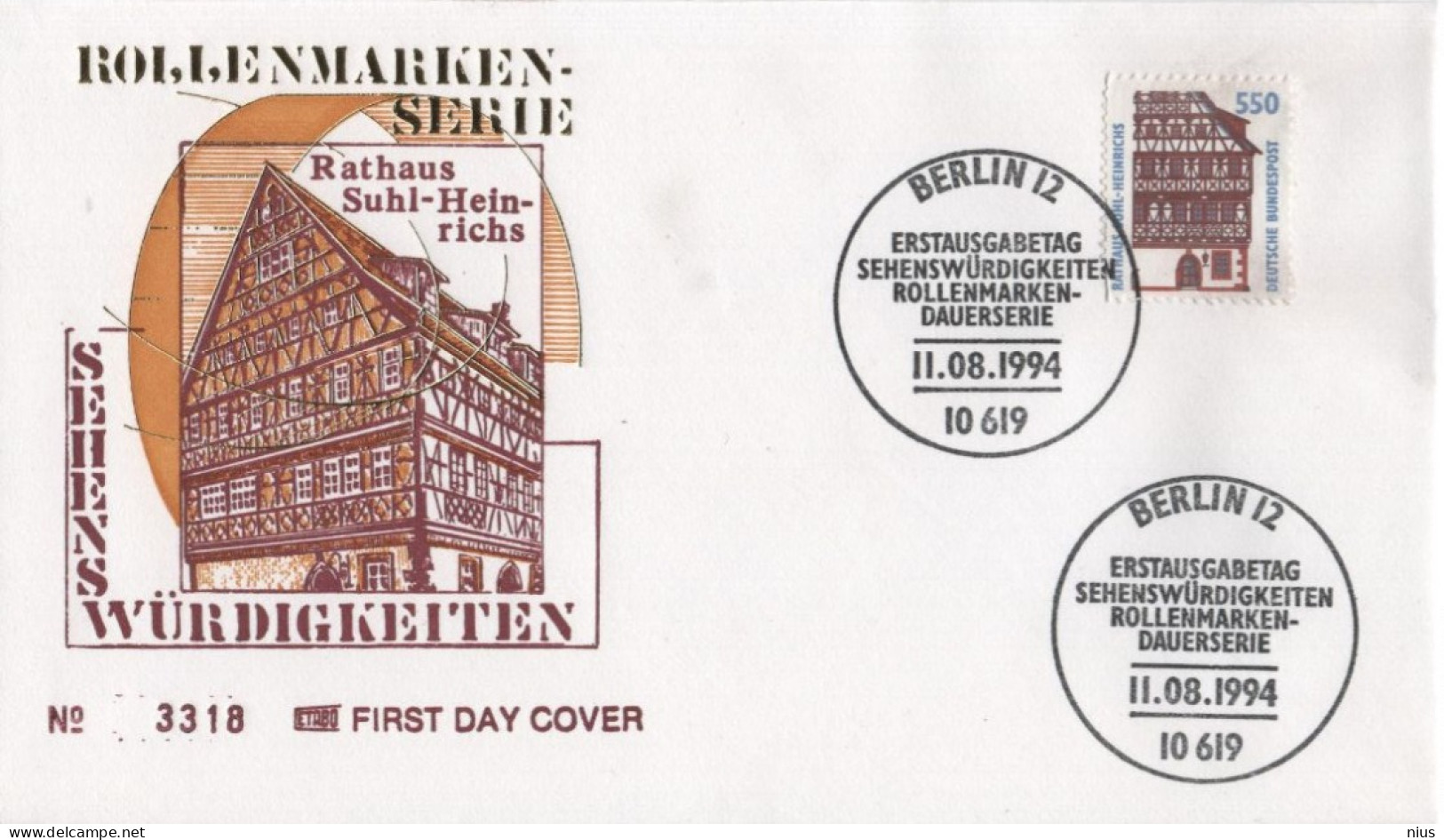 Germany Deutschland 1994 FDC Sehenswürdigkeiten, Rathaus Suhl-Heinrichs, Canceled In Berlin - 1991-2000