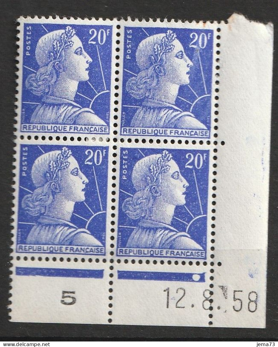 N° 1011B Marianne De Muller Coins Datés 12.8.58 Timbres Neuf Impeccable - 1950-1959