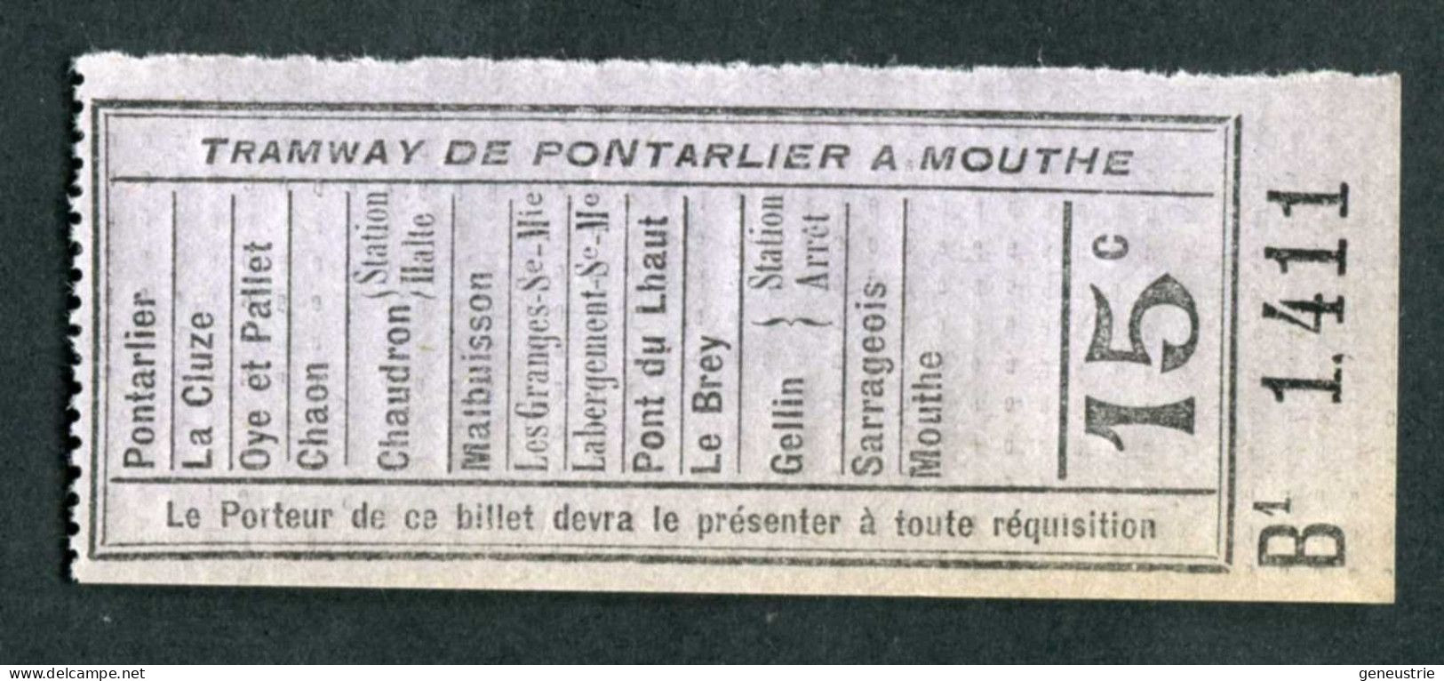 Ticket De Tramway Début XXe (avant 1927) "15c - Tramways De Pontarlier à Mouthe - Tramways Du Doubs" - Europe