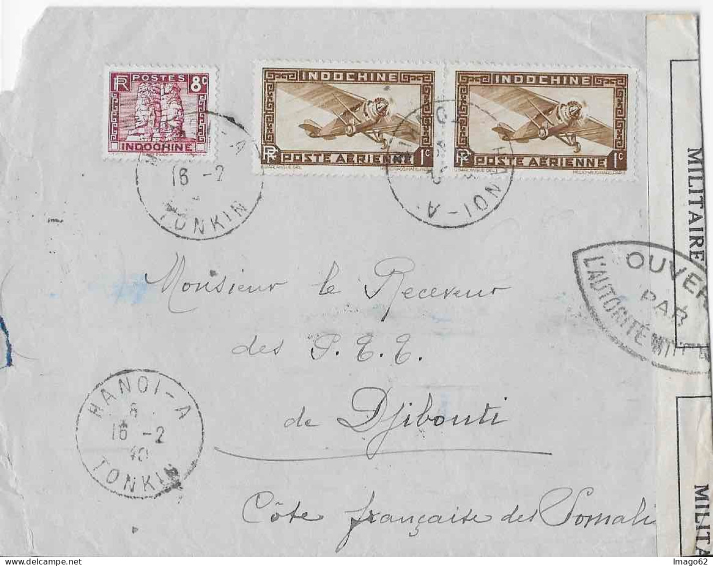 Lettre De Hanoï à Djibouti 1940 Censure Militaire - Luchtpost