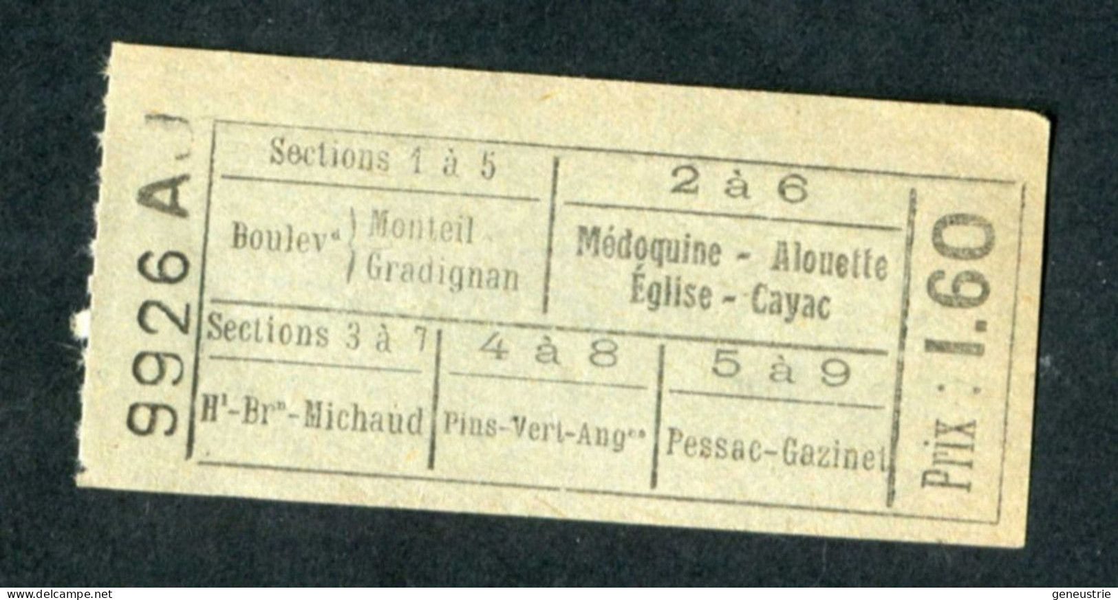 Ticket Billet Des Tramways De Bordeaux "Tramway Bordeaux - Pessac - Gradignan - Gazinet-Cestas - 1.60" - Europe