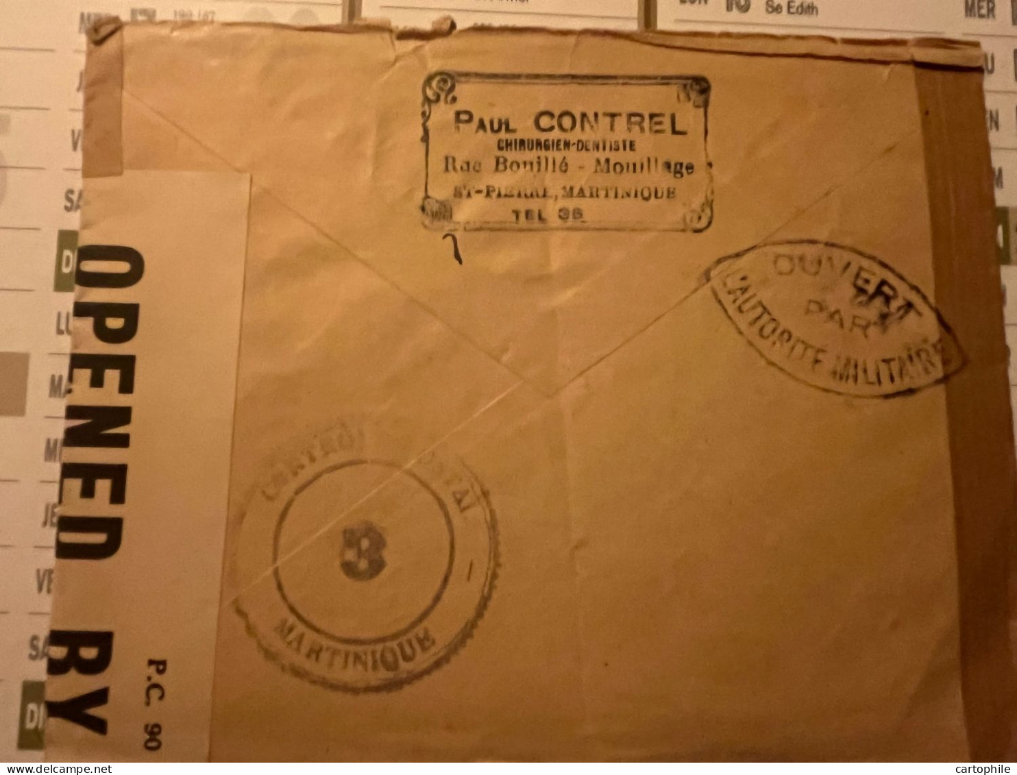 LSC Lettre De Martinique Vers 1945 Avec Cachet De Controle Postal + Ouvert Par Autorité Militaire Français Et Américain - Covers & Documents