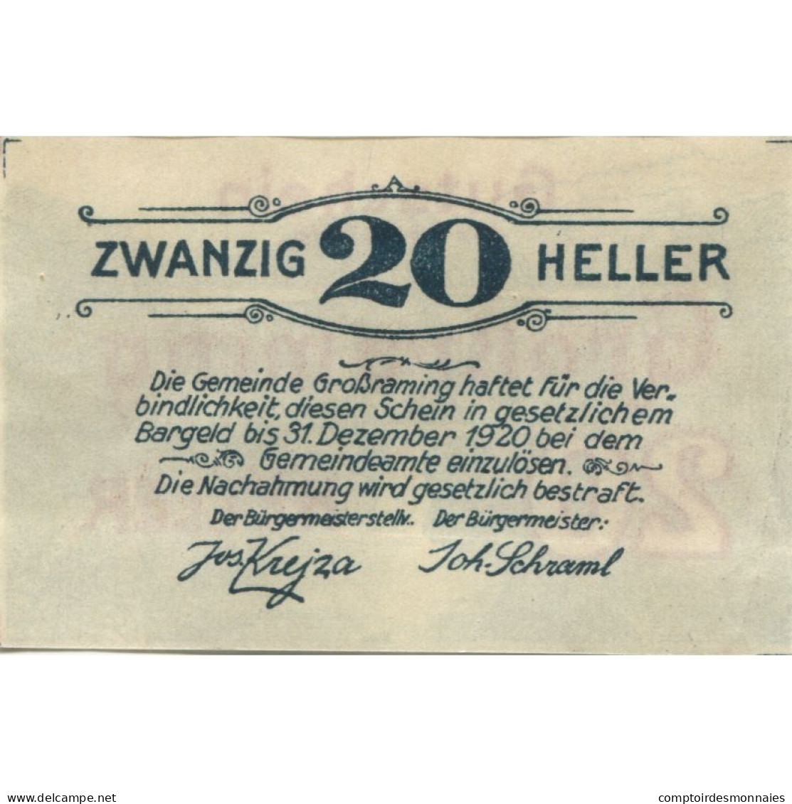 Billet, Autriche, Grossraming, 20 Heller, Pont 1920-12-31, SPL, Mehl:FS 296I - Oesterreich