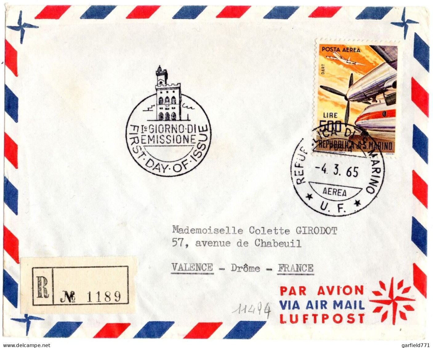 Lettre Recommandée Par Avion De SAINT-MARIN Pour La France 1965 Poste Aérienne N° 137 - Einschreibemarken