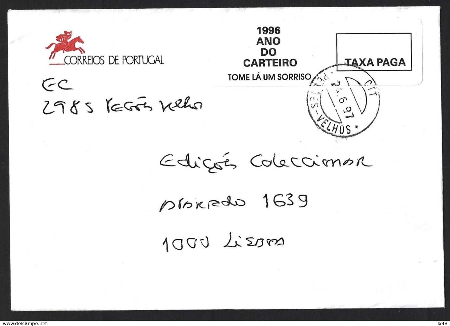 Correios Letter With Obliteration Alhos Vedros 1997. Label '1996 Year Of Postman - Have A Smile'.Etiqueta '1996 Ano Cart - Lettres & Documents