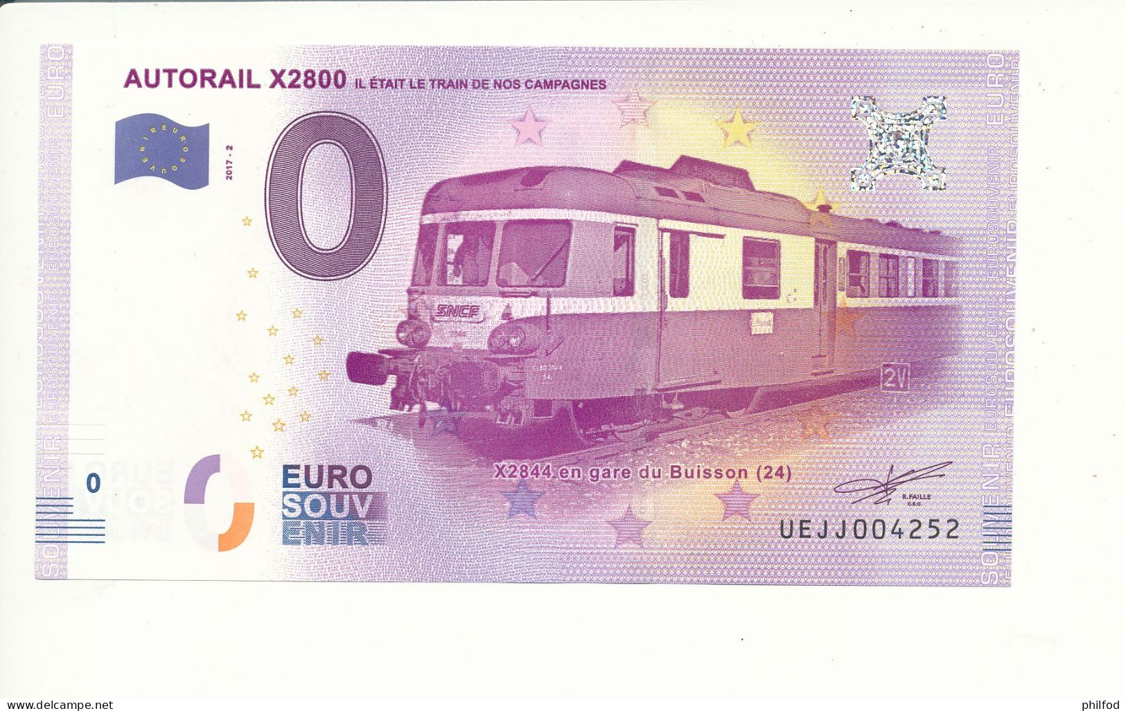 Billet Touristique 0 Euro - AUTORAIL X2800 - UEJJ - 2017-2 - N° 4252 - Billet épuisé - Sonstige & Ohne Zuordnung