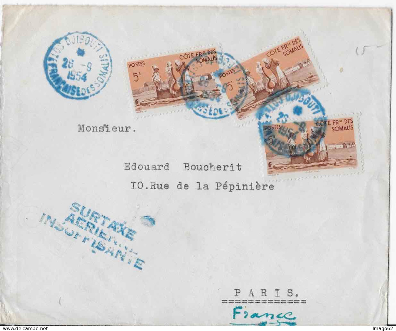 Cote Française Des SOMALIS - Enveloppe DJIBOUTI 1954 - Griffe "Surtaxe Aérienne Insuffisante" - Briefe U. Dokumente