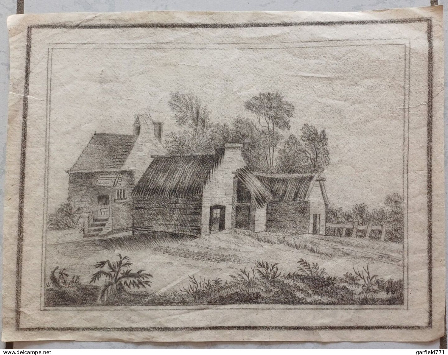 Ancien Dessin Fusain XIXè Ferme Paysage. Style étonnant à Identifier - Dessins