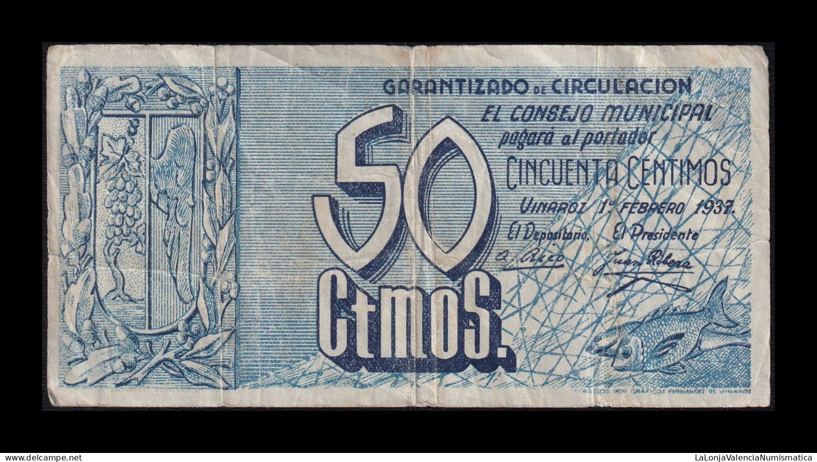 España Spain Billete Local Guerra Civil Vinaroz 50 Céntimos 1937 Bc/Mbc F/Vf - Autres & Non Classés