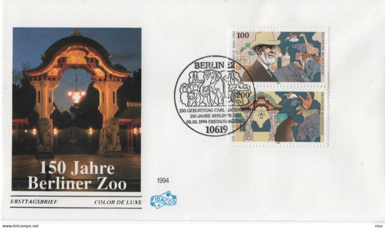 Germany Deutschland 1994 FDC 150 Jahre Berliner Zoo, Elephant Tiger Bear Zebra Bird Birds Giraffe Monkey Rhino, Berlin - 1991-2000