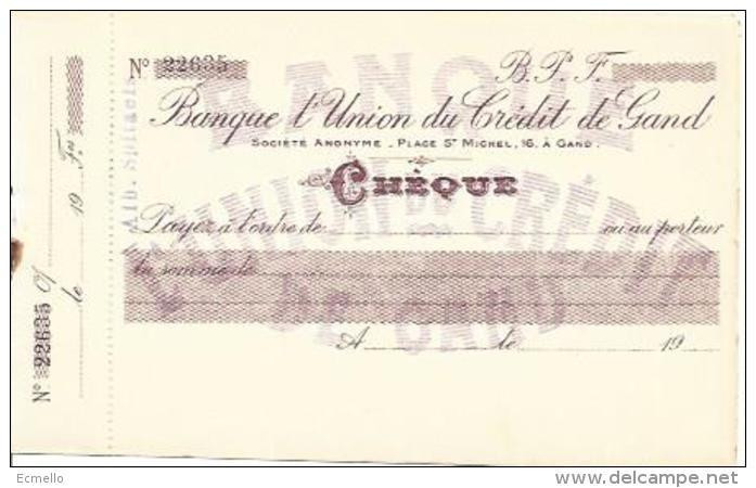 CHECK CHEQUE BELGIUM BANQUE UNION DE CRÉDIT DE GAND 1930'S - Cheques & Traveler's Cheques