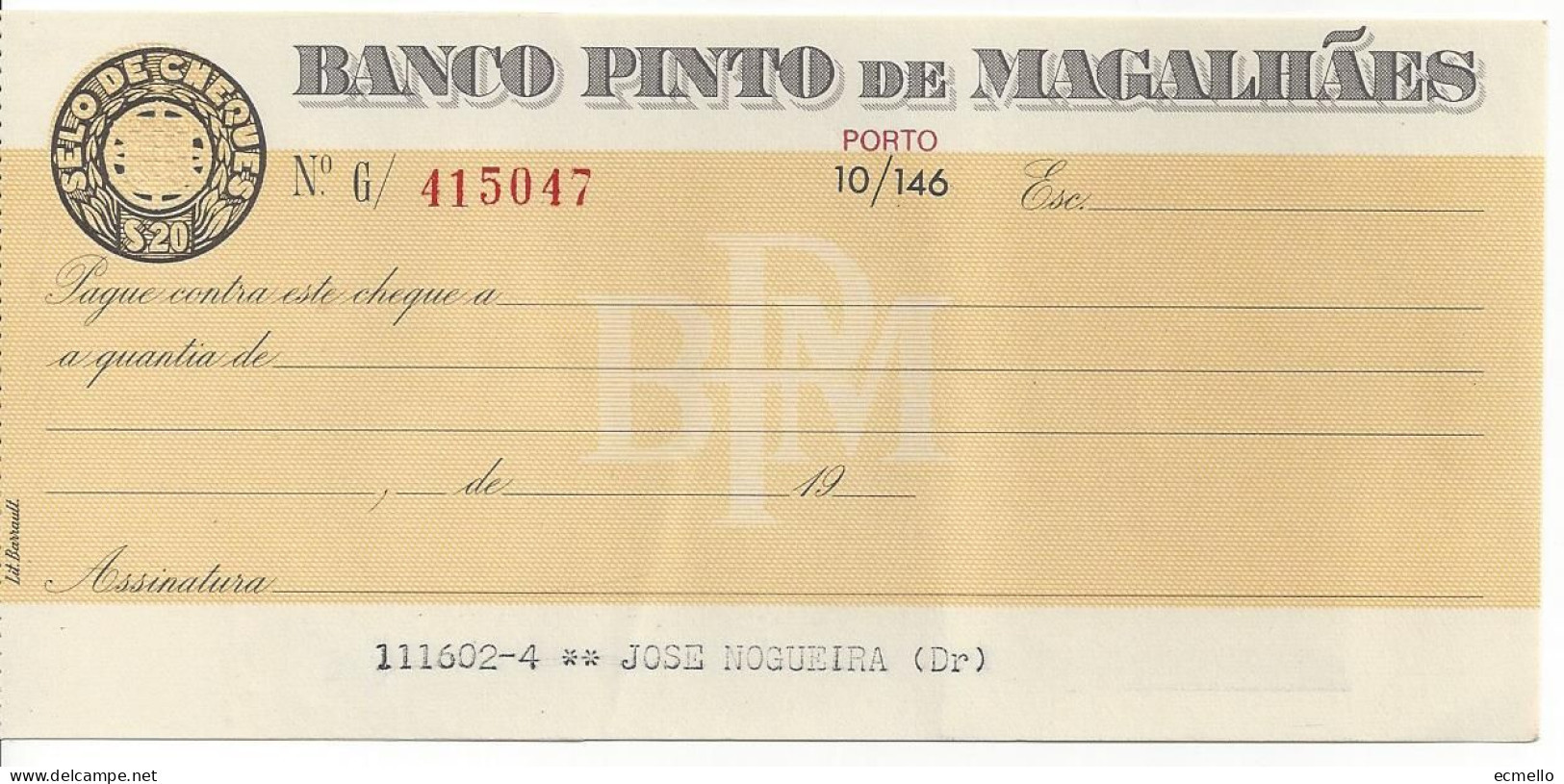 PORTUGAL CHEQUE CHECK BANCO PINTO DE MAGALHÃES PORTO 1970'S - Assegni & Assegni Di Viaggio