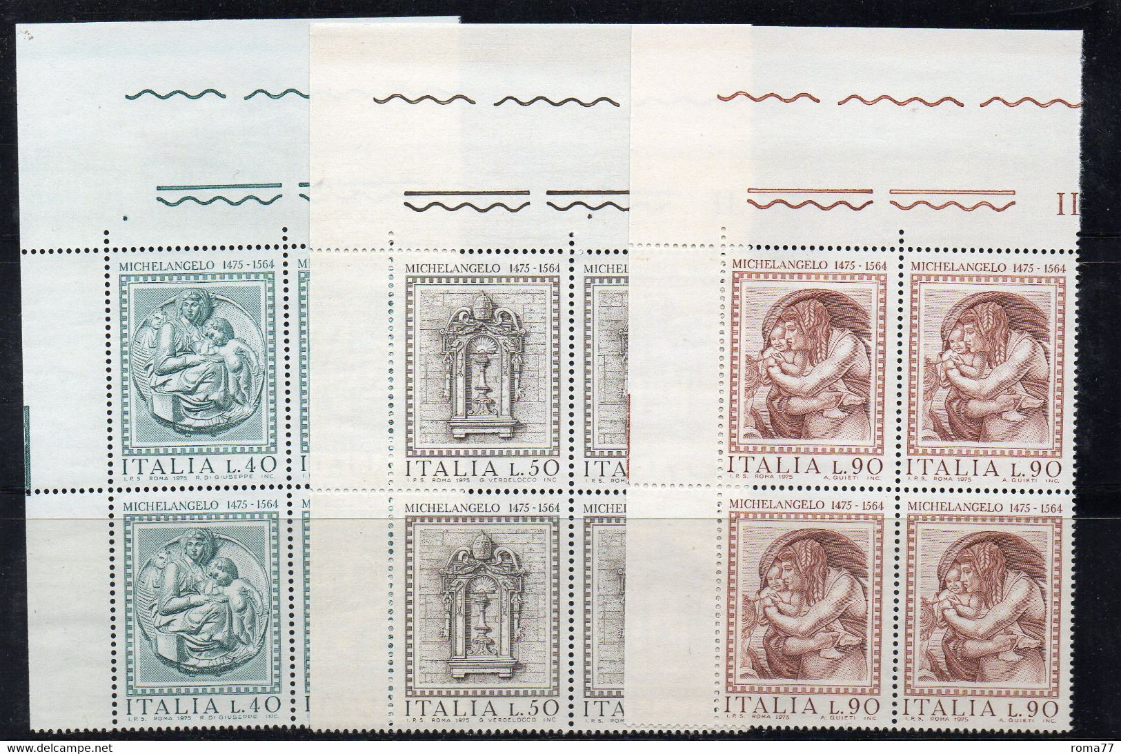 RP4 43 - REPUBBLICA 1975, Serie N. 1289/1291  *** IN QUARTINA. Michelangelo - 1971-80:  Nuovi