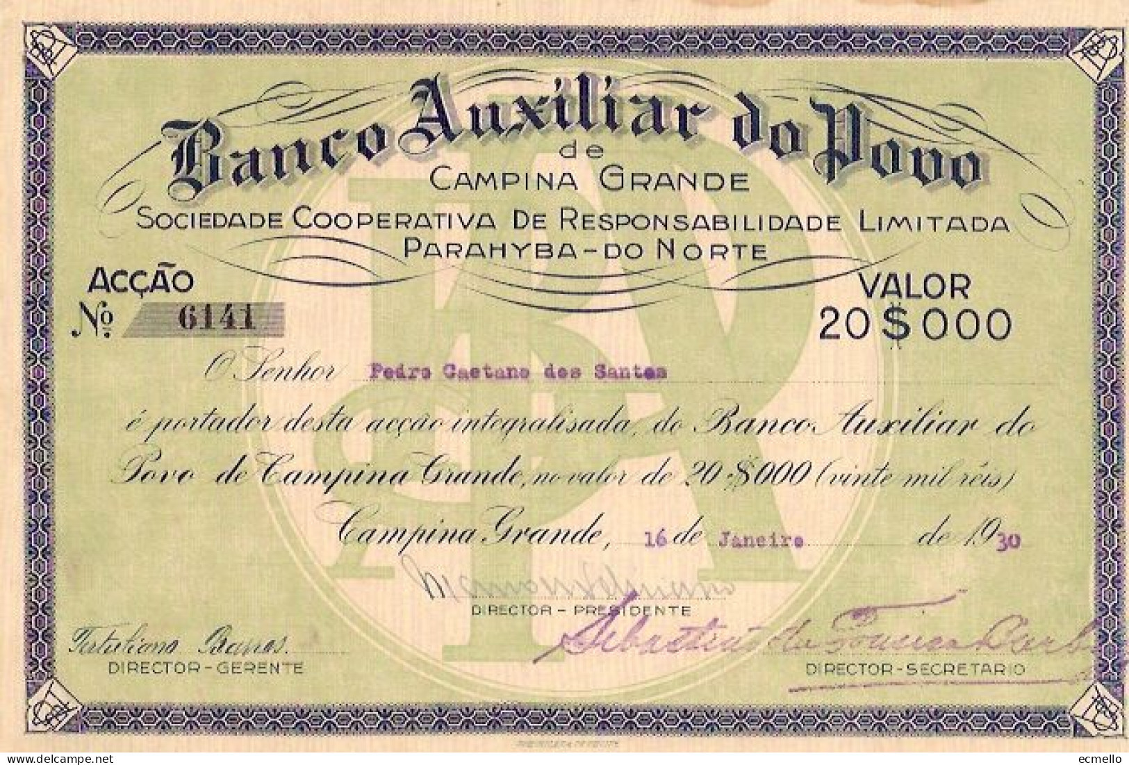 BRAZIL SCARCE SHARE OF BANCO AUXILIAR DO POVO 20.000 RÉIS 1930'S. CAMPINA GRANDE, PARAHYBA DO NORTE. SCARCE!! - Banque & Assurance