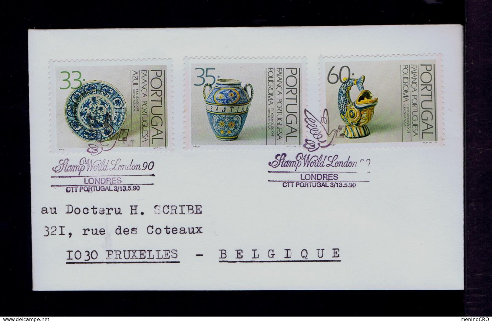 Gc8372 PORTUGAL "Stamp World London'90" -SPECIAL Pmk) Faiance Blue Porcelain Costumes Cultures Mailed Londres »Bruxelles - Porcelain