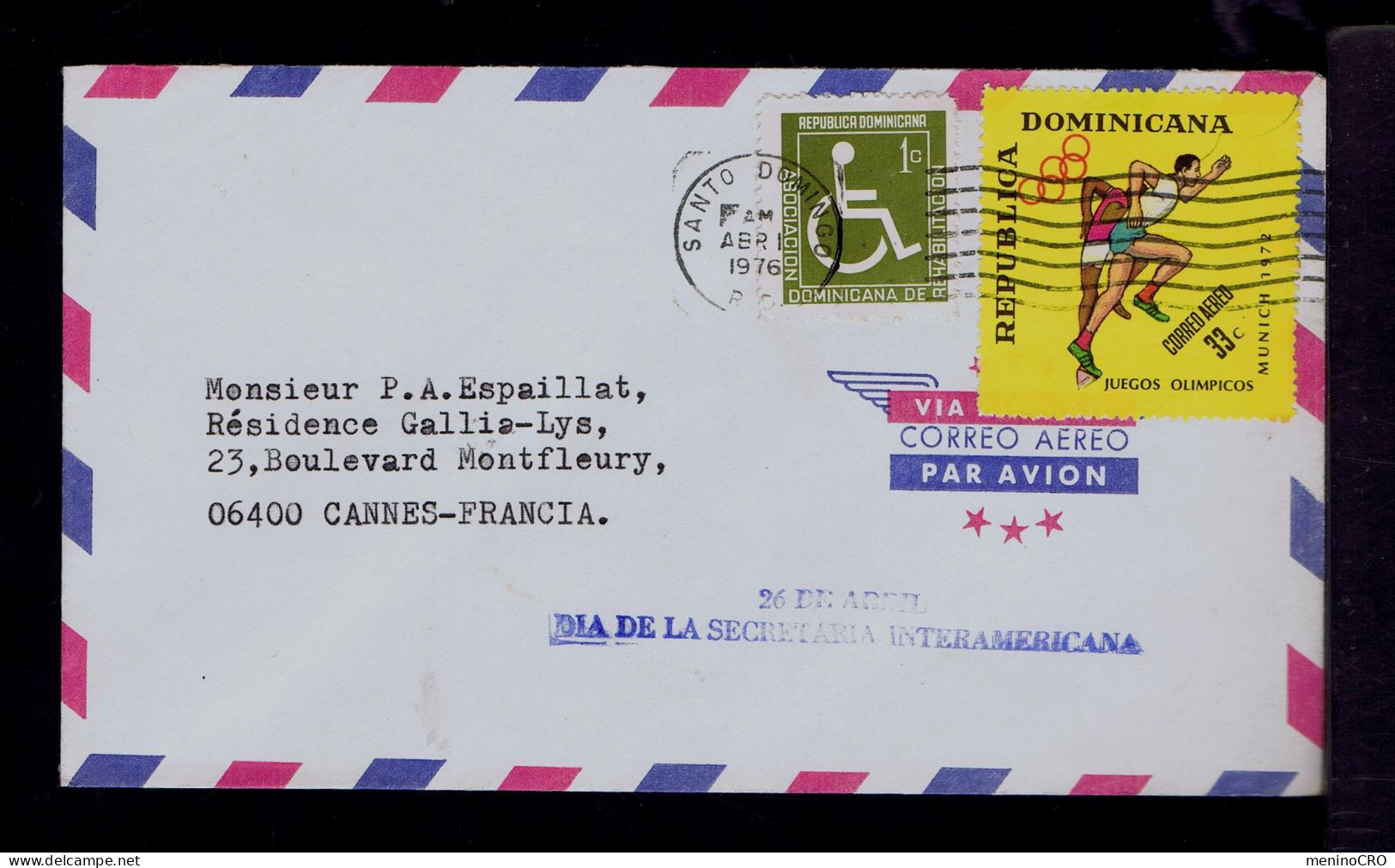 Gc8373 Rep. DOMINICANA Olympic Games MUNICH1972 Athletics Santé Health Handicaps Re-habilitación Mailed Cannes - Handicaps