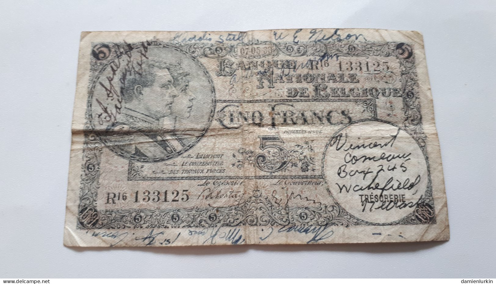 BELGIQUE RARE BILLET DE 5 FRANCS 1938 07-05-38 P-108a.28 AVEC SIGNATURES DE SOLDATS AMERICAINS A IDENTIFIER ! - 5 Francos