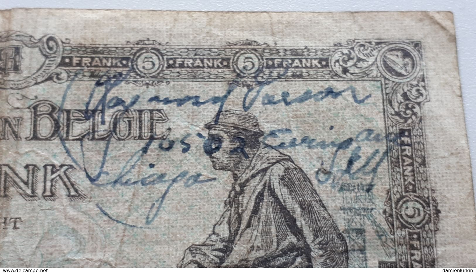 BELGIQUE RARE BILLET DE 5 FRANCS 1938 07-05-38 P-108a.28 AVEC SIGNATURES DE SOLDATS AMERICAINS A IDENTIFIER !