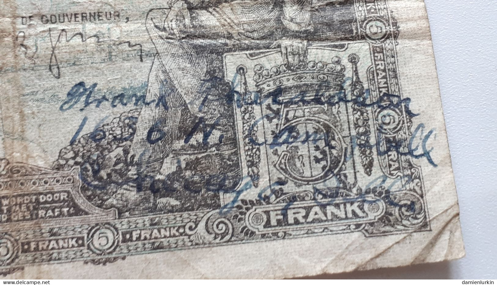 BELGIQUE RARE BILLET DE 5 FRANCS 1938 07-05-38 P-108a.28 AVEC SIGNATURES DE SOLDATS AMERICAINS A IDENTIFIER !