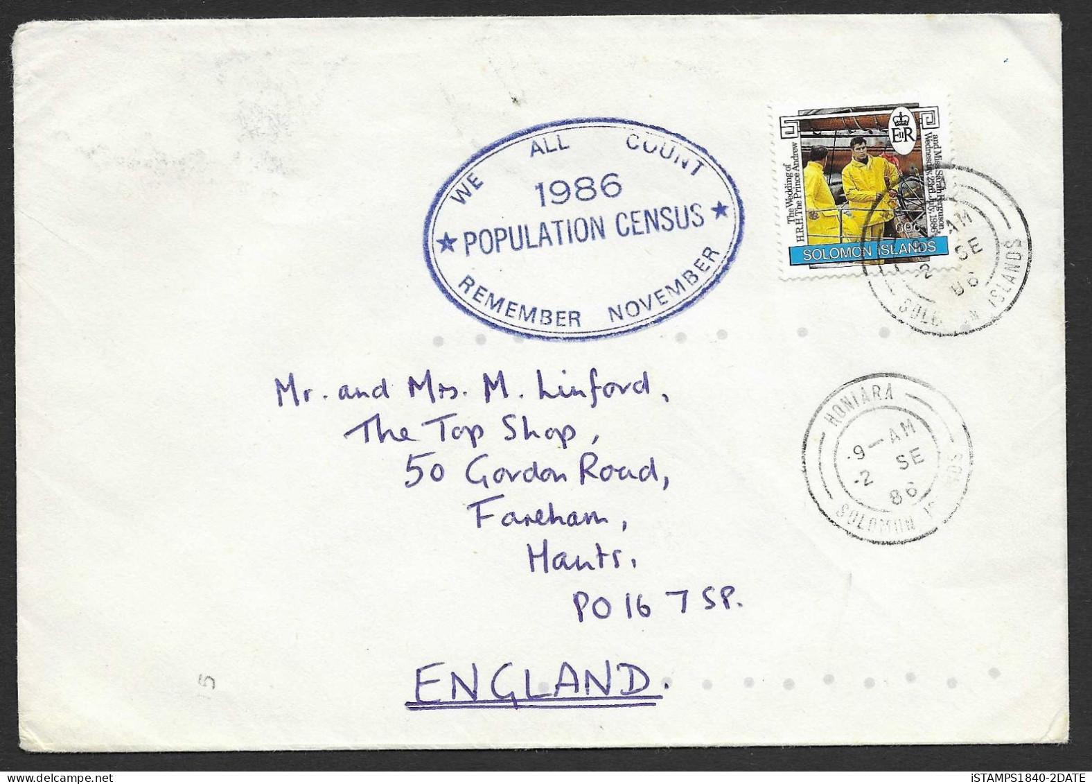 00466/ Solomon Islands 1986 Air Mail Cover To England Population Census - Islas Salomón (1978-...)