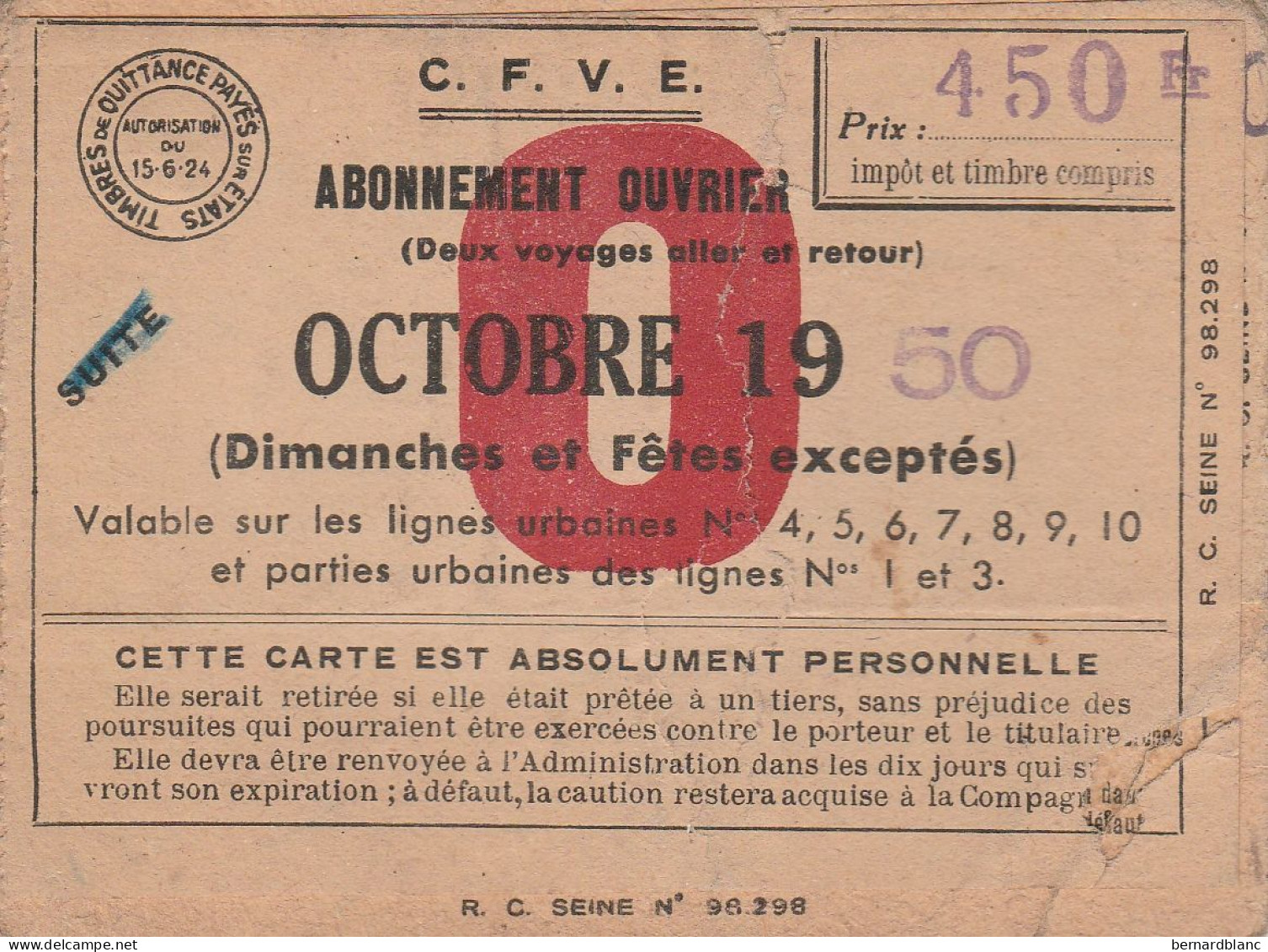 ABONNEMENT OUVRIER OCTOBRE 1950 - Sin Clasificación