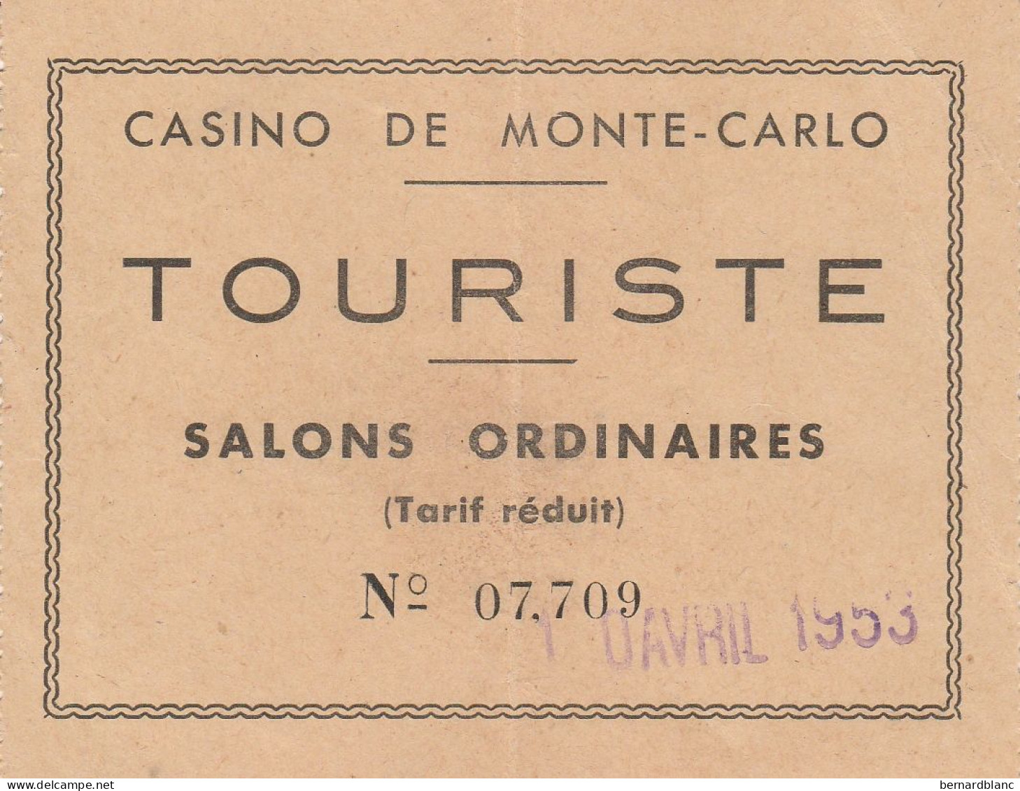 CARTE DE CASINO  DE MONTE CARLO - TOURISTE -1953 - Zonder Classificatie