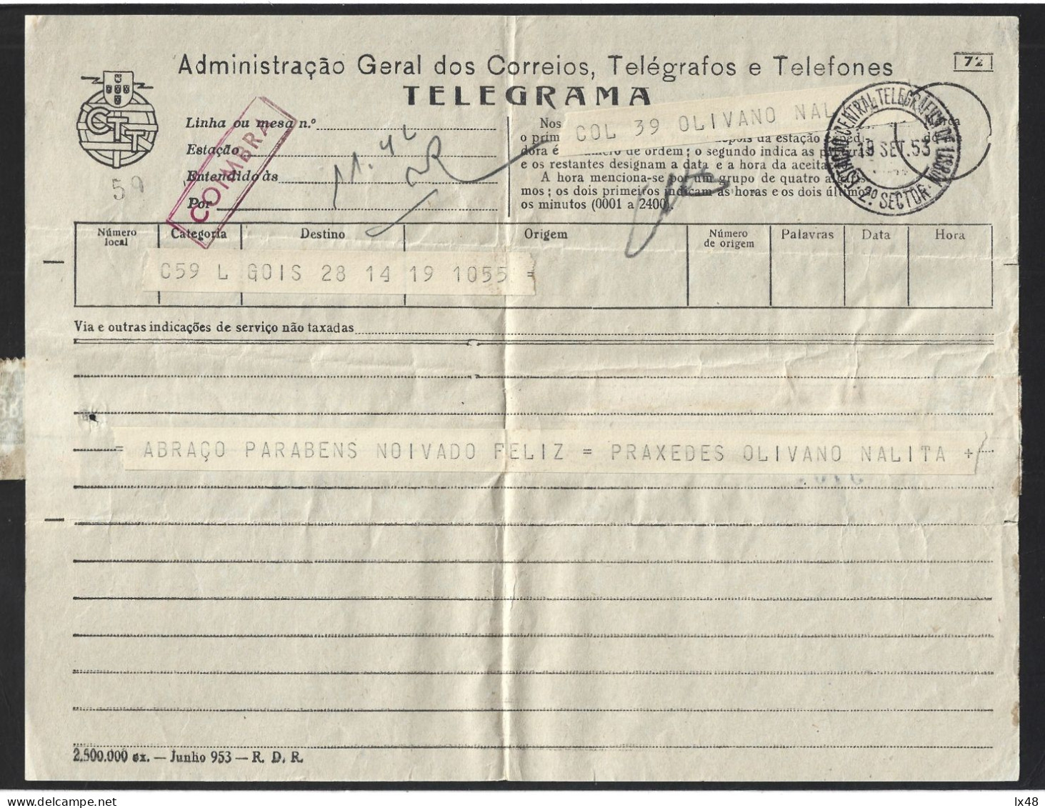 Telegram Sent Coimbra With Obliteration Of Arrival At Lisbon Central Telegraph Station 1953.Telegrama Expedido De Coimb - Covers & Documents