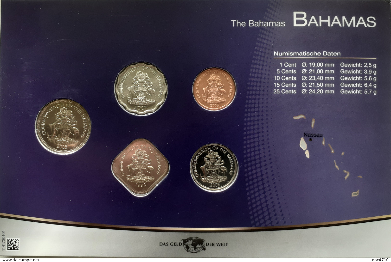 Bahamas 1,5,10,15,25 Cents 1992-2007, Set 5, Unc Sealed - Bahamas