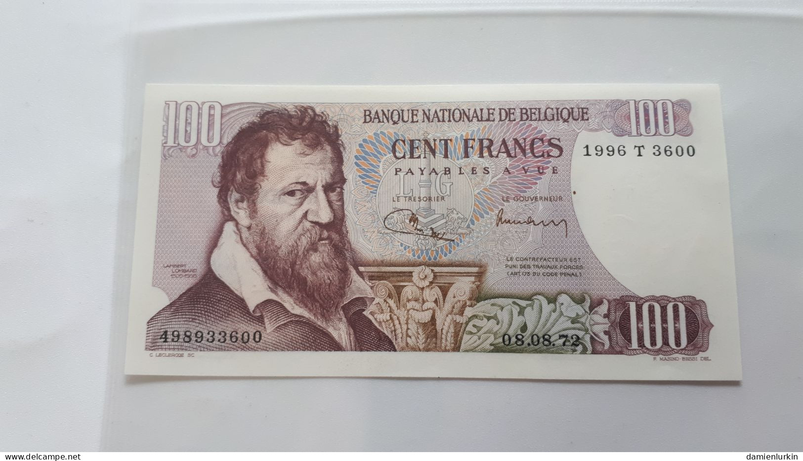 BELGIQUE/BELGIE/BELGIUM 100 FRANCS LOMBARD 08.08.1972 VAN DE PUTTE-JORDENS P-134b SERIAL NUMBER TYPE II 1996 T 3600 UNC! - 100 Franchi