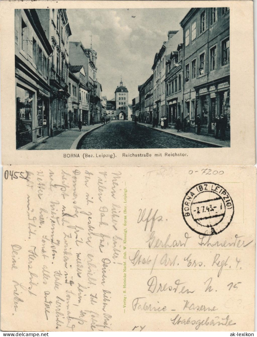 Ansichtskarte Borna Reichsstraße, Geschäfte 1943 - Borna