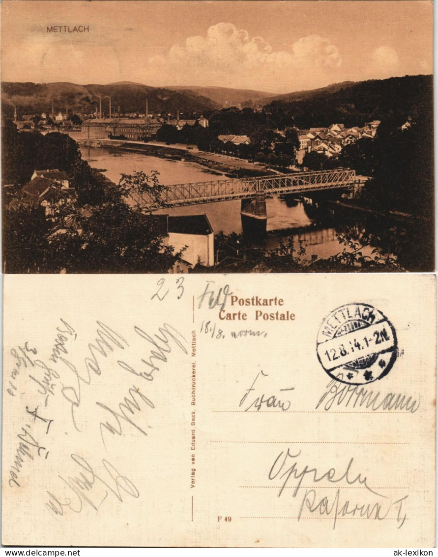 Ansichtskarte Mettlach Brücke, Stadt, Fabriken - Gel. Feldpost 1914 - Kreis Merzig-Wadern
