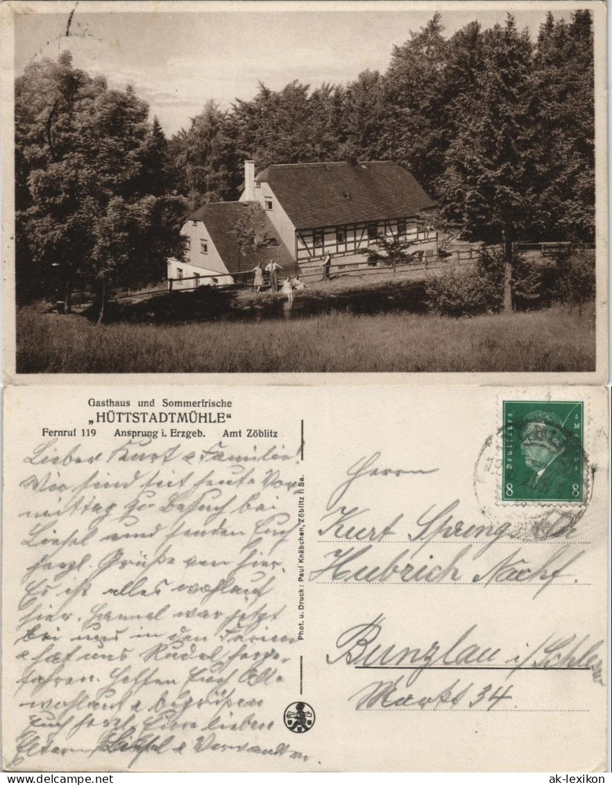 Ansichtskarte Ansprung-Marienberg Im Erzgebirge Hüttstadtmühle 1928 - Marienberg
