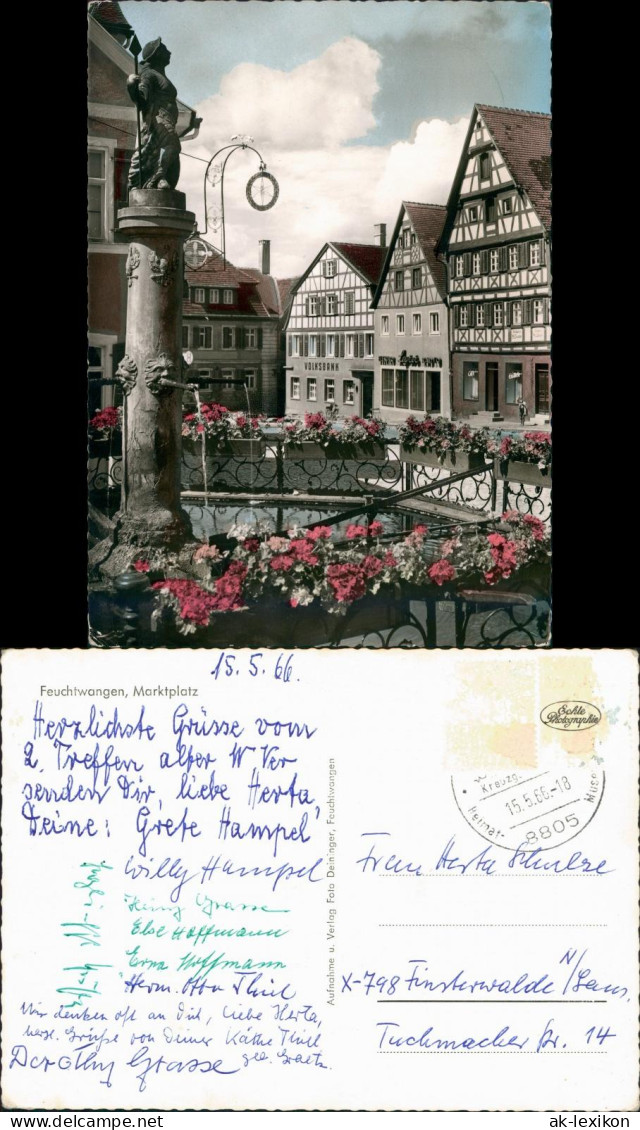 Feuchtwangen Marktplatz, Brunnen, Volksbank, Fachwerkhäuser 1966 - Feuchtwangen