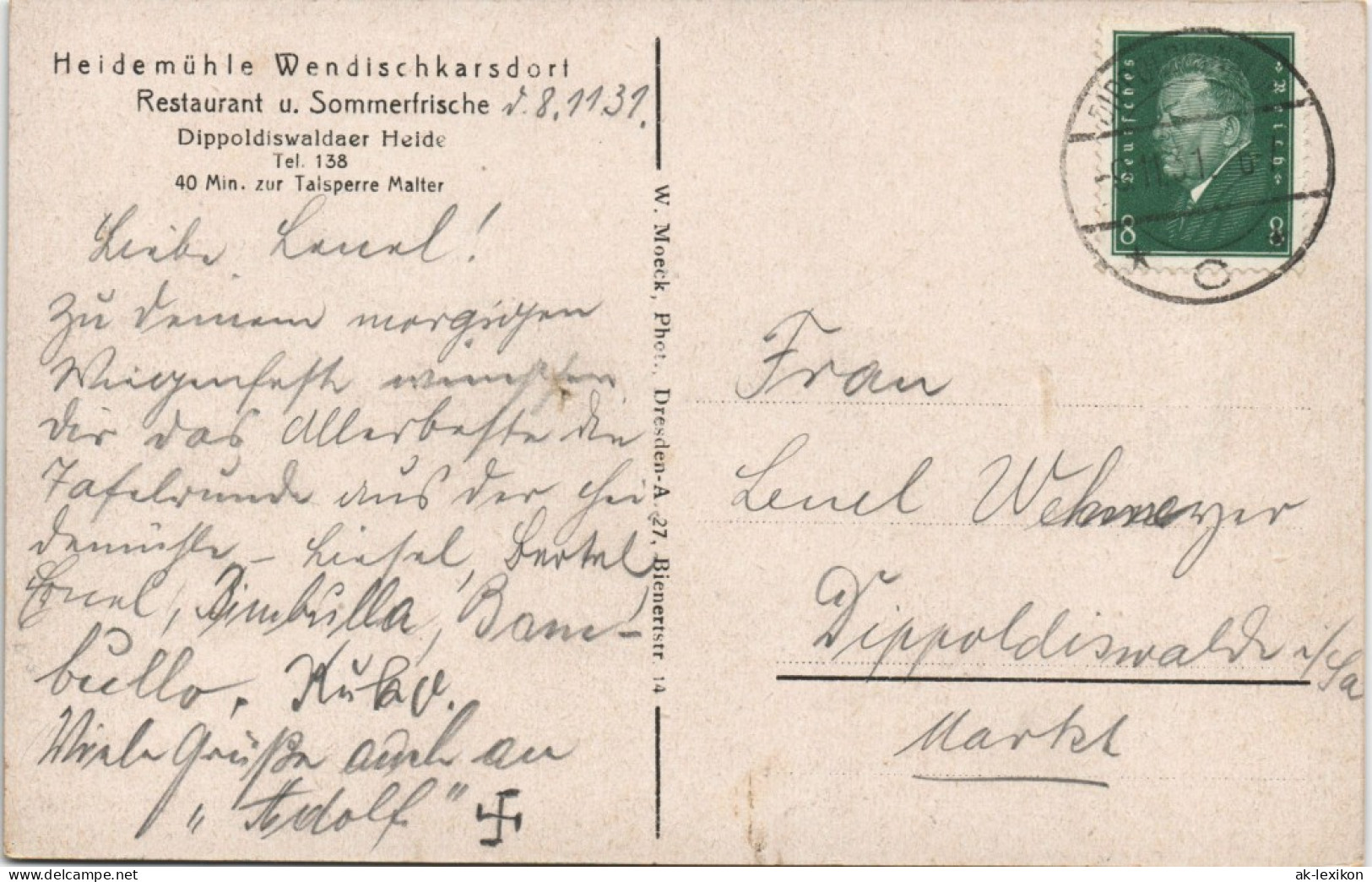 Ansichtskarte Karsdorf (ehemals Wendisch-Carsdorf)-Rabenau Heidemühle 1931 - Rabenau