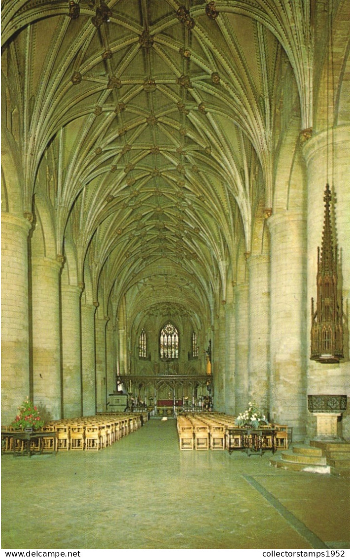 GLOUCESTERSHIRE, TEWKESBURY ABBEY, THE NAVE, ARCHITECTURE, ENGLAND, UNITED KINGDOM, POSTCARD - Other & Unclassified