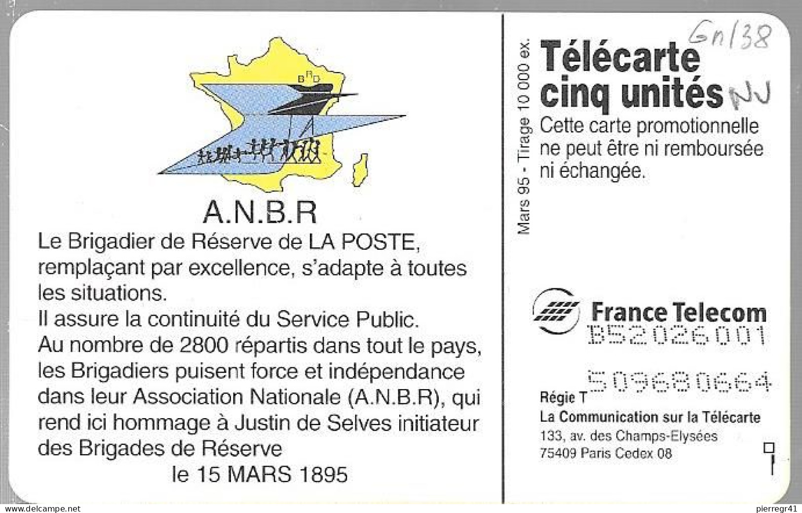 CARTEµPRIVEE-5U-09/96-GN138-GEMB-LA POSTE ANBR-V° Série DN°B52026001-Neuve-TBE - 5 Eenheden