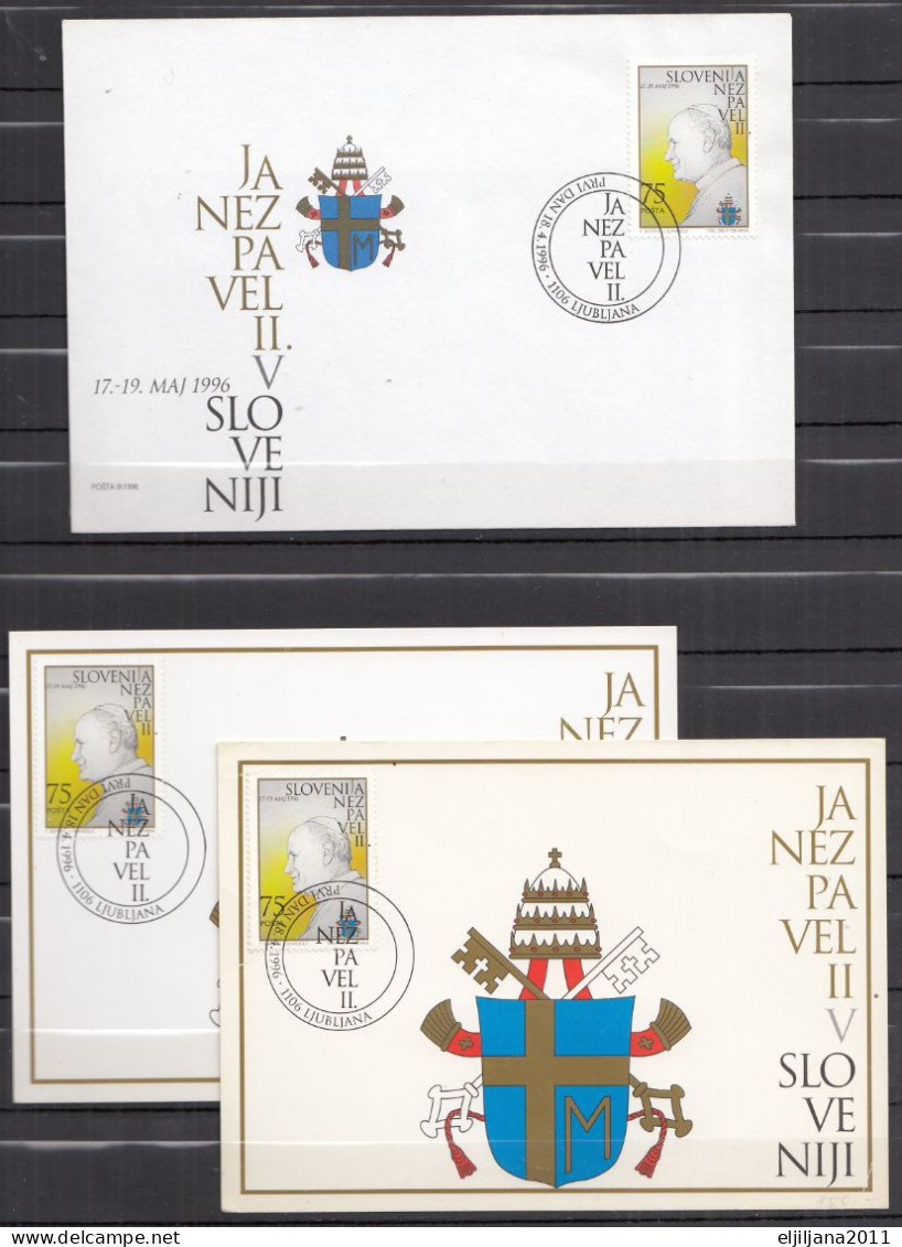 ⁕ Slovenia 1996 Ljubljana ⁕ Visit Of Pope John Paul II. In Slovenia / Pope's Coat Of Arms ⁕ FDC Cover + 2v Postcard - Slowenien