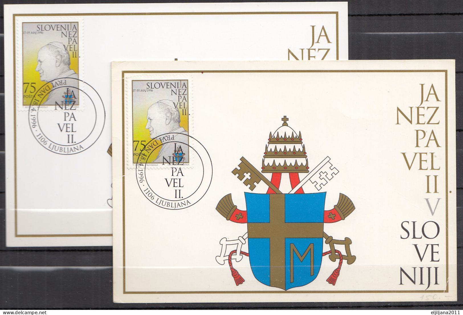 ⁕ Slovenia 1996 Ljubljana ⁕ Visit Of Pope John Paul II. In Slovenia / Pope's Coat Of Arms ⁕ FDC Cover + 2v Postcard - Slowenien