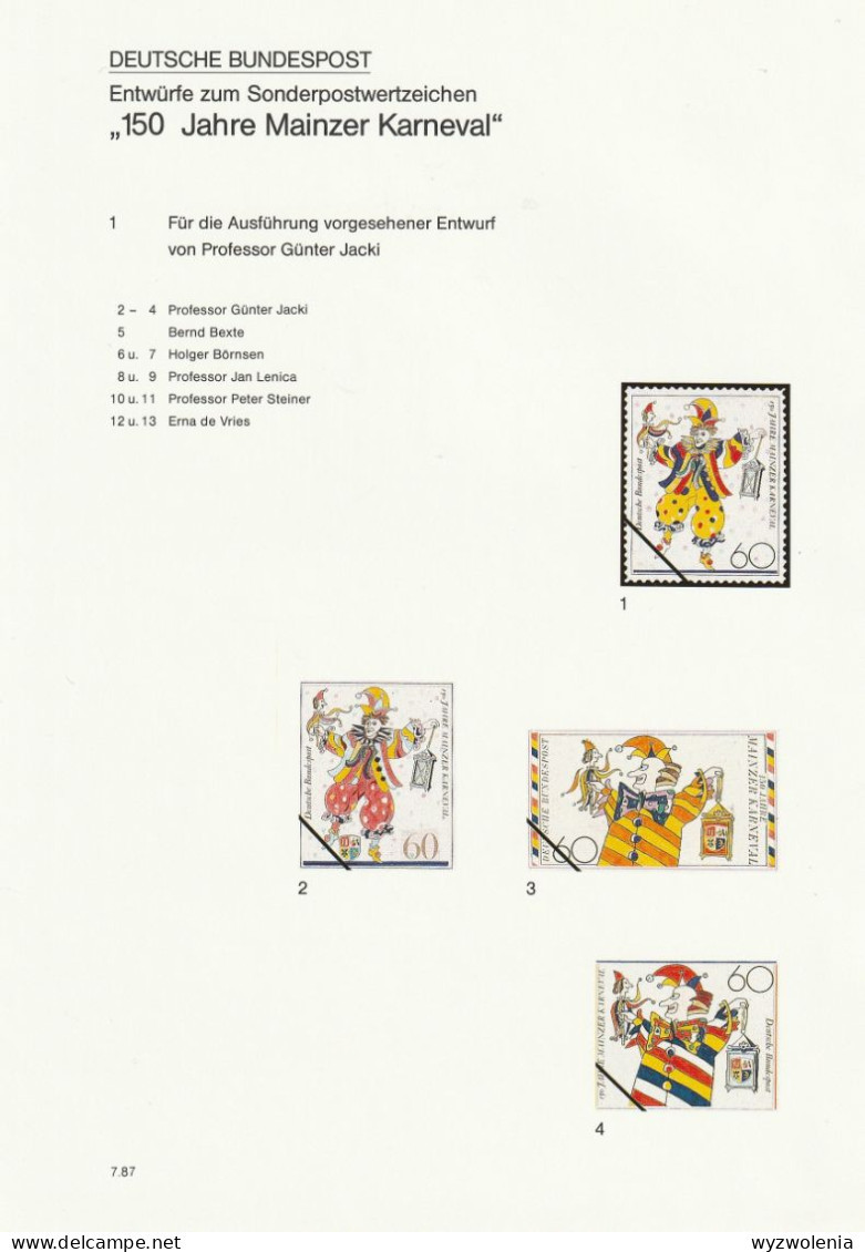 N 958) BRD 1988, 13 Entwürfe Zu Mi# 1349: 150 Jahre Karneval In Mainz, Bajass Mit Laterne - Carnavales