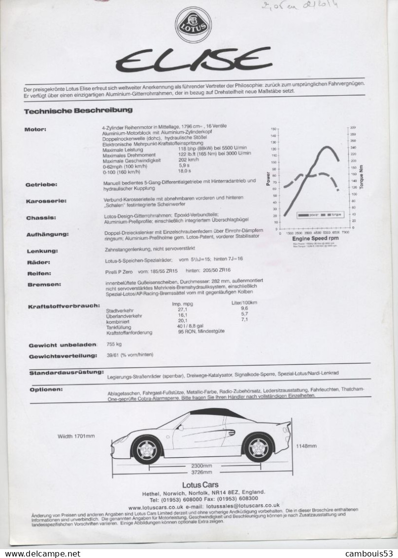 Lotus Elise: Catalogue De 1993 En Allemand Deutsch - Automobilismo