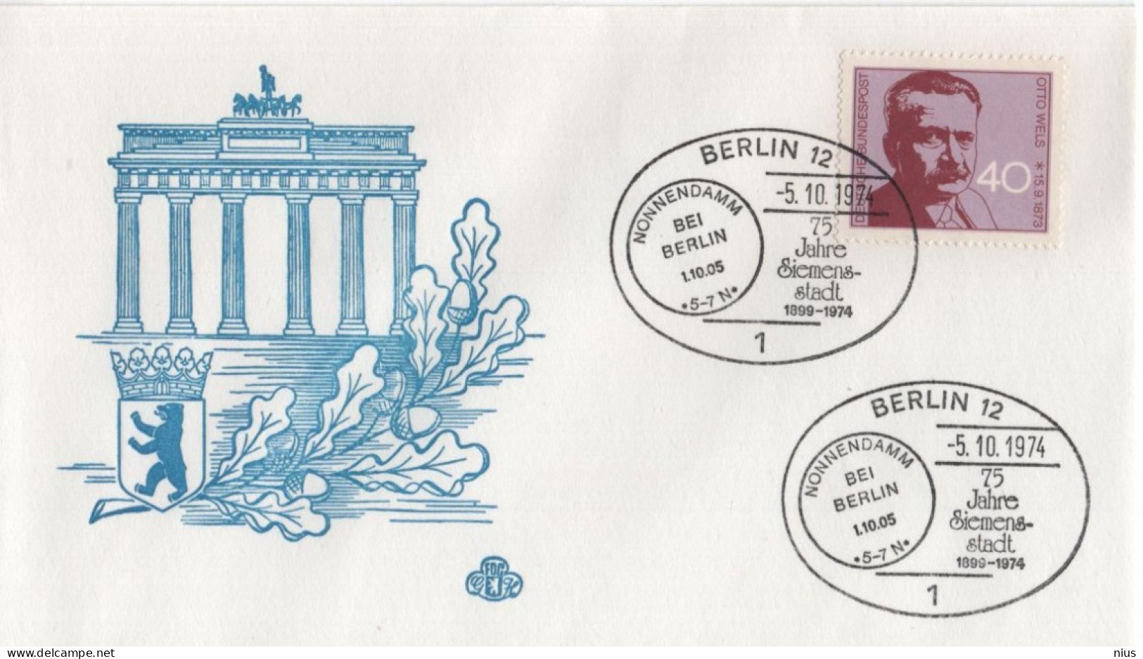 Germany Deutschland 1974 FDC 75 Jahre Siemensstadt, Nonnendamm Bei Berlin, Otto Wels, Canceled In Berlin - 1971-1980