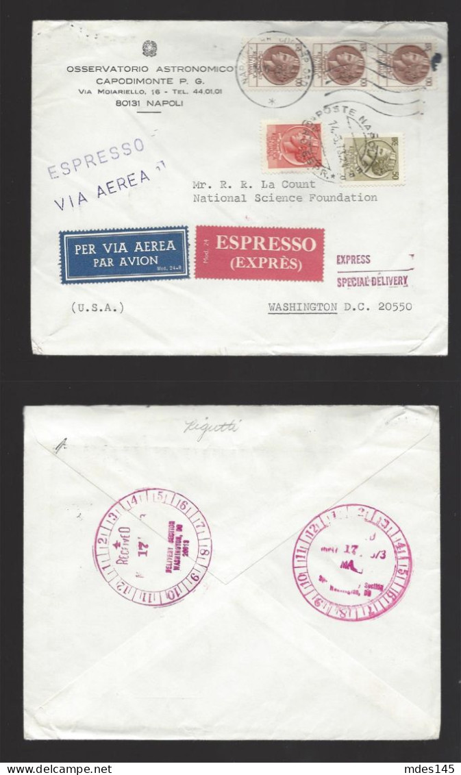 Italy Multifranked Express Special Delivery Airmail 1973 Cover To US Backstamp - Eilpost/Rohrpost
